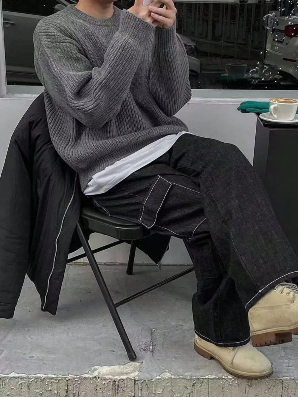 Grey Casual Men's Long Sleeve Drop Shoulder Crew Neck Sweater